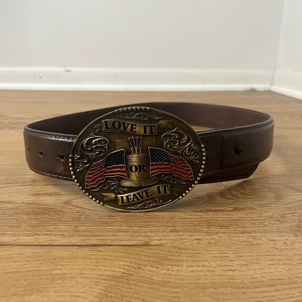 Western Americana Belt Men Brown‎ Love It Or Leave It Buckle 36